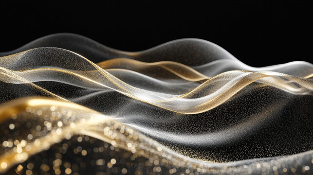 Abstract digital waves with white, gold, and silver reflections on a dark background, forming multicolor cinematic audio waveforms of moonlight particles, evoking AI and futuristic tech.