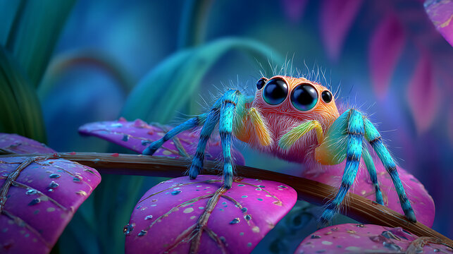 Bright, friendly blue-green spider sits on a purple leaf amid glowing, surreal jungle hues now more