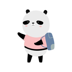 Cute cartoon panda character wearing a pink shirt and blue backpack waving hello ready for back to school on a transparent white background © faiqhapyjuna