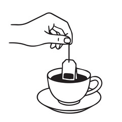Vector illustration of a tea bag inside a cup of tea, designed in simple black and white with clean black outline detailing.