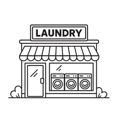 Vector minimalist icon of a laundry shop building, designed in simple black and white style with clean black outlines for modern commercial illustration.