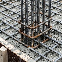 Reinforced Concrete Foundation Construction with Steel Rebar.