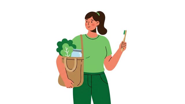 Eco-Conscious Person Holding Reusable Bag with Produce and Bamboo Toothbrush