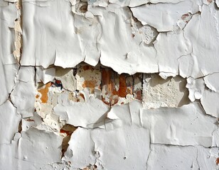 A weathered white painted surface reveals layers of decay and underlying textures.