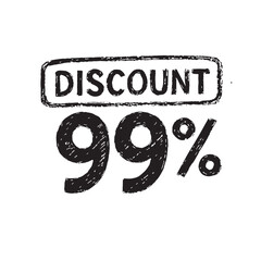 Minimalist vector artwork showing “Discount 99%” promotion text written in chalk style on whiteboard surface, designed using simple black and white outlines.