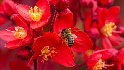 Vibrant red flowers in close-up detail, showcasing a honeybee collecting nectar.