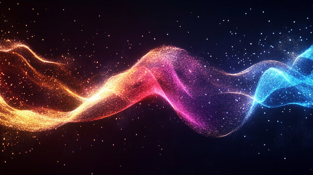 Abstract digital waves with white, gold, and silver reflections on a dark background, forming multicolor cinematic audio waveforms of moonlight particles, evoking AI and futuristic tech.