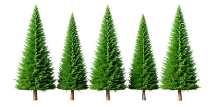 A row of five tall green cypress trees standing in a line isolated on transparent background