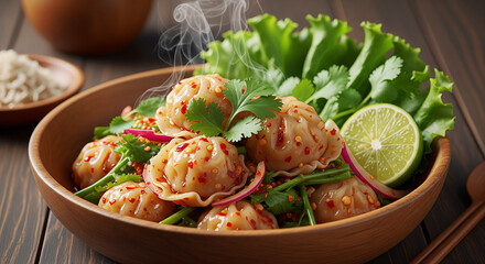 Steaming Dumplings in a Wooden Bowl: A delightful culinary scene presents freshly steamed dumplings nestled in a wooden bowl, accompanied by vibrant herbs, vegetables and a wedge of lime.