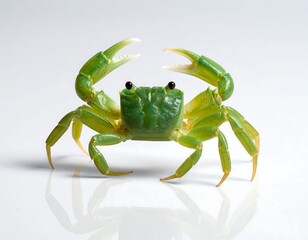 A vibrant, lime-green crab, sharply focused against a bright white background, displays detailed leg structures and a symmetrical stance, showcasing the intricate details of its exoskeleton.