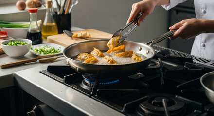 Sizzling Culinary Art: A chef's hands expertly maneuver tongs to carefully position golden-brown dumplings in a sizzling pan of hot oil, transforming fresh ingredients into a culinary masterpiece.
