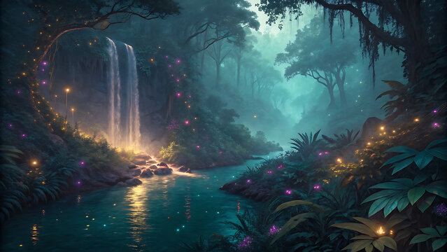 Enchanting mystical forest scene with a cascading waterfall flowing into a serene river illuminated by soft glowing fairy lights creating a magical and ethereal atmosphere