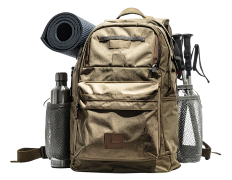 Adventure-Ready Beige Backpack with Hiking Gear PNG