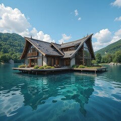 Floating building, Floating architecture, Floating house, Architecture of the future, on the water, AI Generative