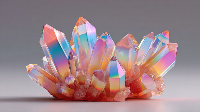 Abstract iridescent 3D shape resembling a colorful crystal, featuring reflective surfaces and vibrant hues, ideal for modern digital art, design backgrounds, and futuristic visuals.
