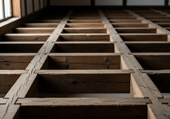 Obraz premium Artistic Perspective of Japanese Wooden Grid Structure Abstract Shot