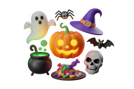3d icon of collection of halloween icons including a pumpkin, ghost, witch hat, spider, cauldron, candy, bat, and skull isolated on transparent background