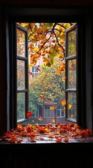 The view outside the window of falling leaves