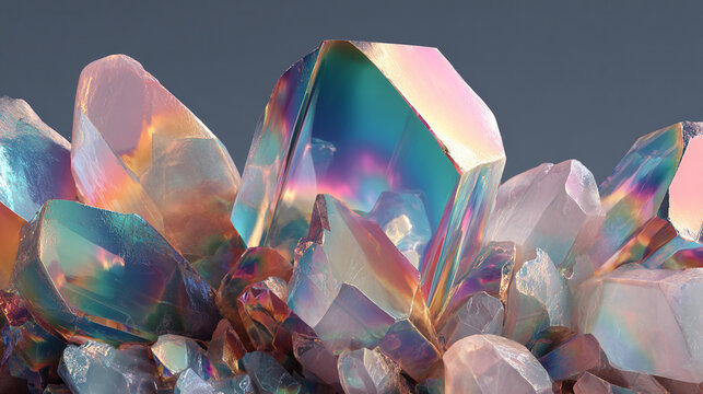 Abstract iridescent 3D shape resembling a colorful crystal, featuring reflective surfaces and vibrant hues, ideal for modern digital art, design backgrounds, and futuristic visuals.
 - Powered by Adobe