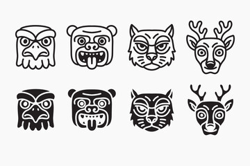 Tribal animal totem with eagle, bear, wildcat, deer outline icon set. Ethnic animal head silhouette pack. Native animal mask, Spirit indigenous animal face, Native tattoo. Vector illustration