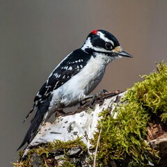 A  pied woodpecker perches on a weathered log, showcasing its striking black and white plumage and a touch of red atop its head.