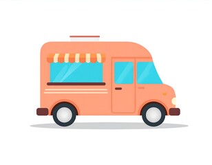 A simple, flat design illustration of a light peach-colored food truck, featuring a light teal window and a striped awning.