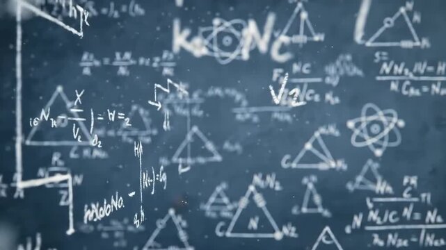 Complex Chemical Equations on Dark Blue Background and White Chalk
