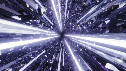 Abstract futuristic hyperspace tunnel traveling through a shimmering violet and mirrored diamond crystal structure background. - Powered by Adobe