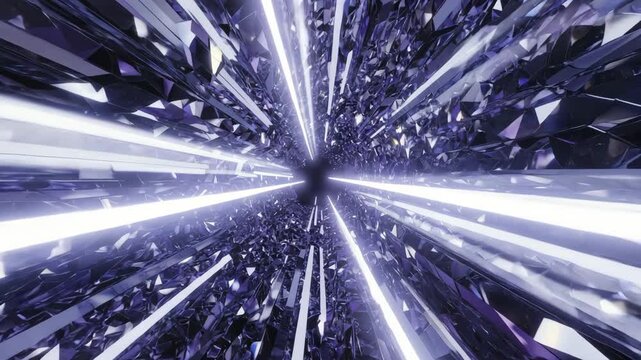 Abstract futuristic hyperspace tunnel traveling through a shimmering violet and mirrored diamond crystal structure background.