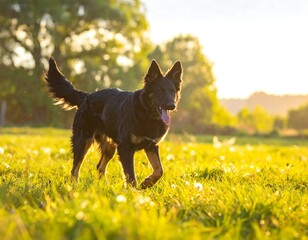 A black and tan dog runs through a grassy field bathed in golden sunlight.