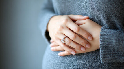 Close-up of a young pregnant Asian woman&rsquo;s hands gently resting on her exposed belly, expressing love, connection, and anticipation of motherhood in soft natural light.