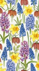 Floral Pattern with Hyacinths, Daffodils, and Fritillaria.