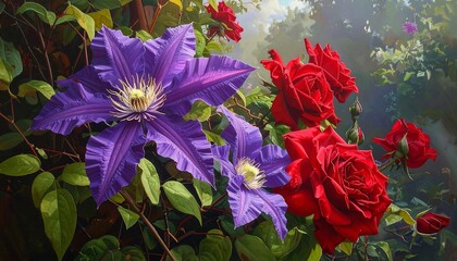 Vibrant display of purple clematis and red roses, bathed in soft light, showcasing intricate details and a harmonious garden scene.