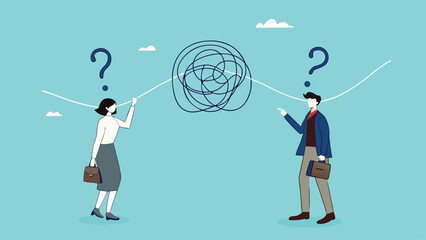 Communication problem or conflict opinion, misunderstanding or confusion, dissent or miscommunication concept, two confused work partners communicating with messy lines

