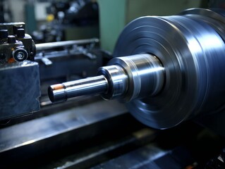 Lathe machine turning metal part in industrial workshop. Industrial metalwork