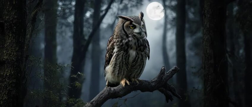 A mysterious and captivating shot of a great horned owl in a moonlit forest. Its intense yellow eyes and slow head turn create a sense of wisdom and nocturnal intrigue.