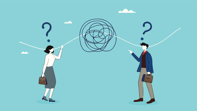 Communication problem or conflict opinion, misunderstanding or confusion, dissent or miscommunication concept, two confused work partners communicating with messy lines

