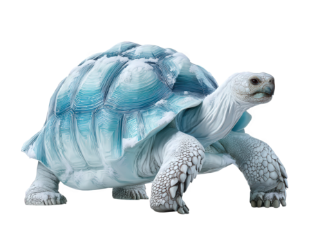 Serene fantasy snow turtle, an icy animal statue walking forward. This isolated winter sculpture made of frozen crystal shows calm expression on transparent background