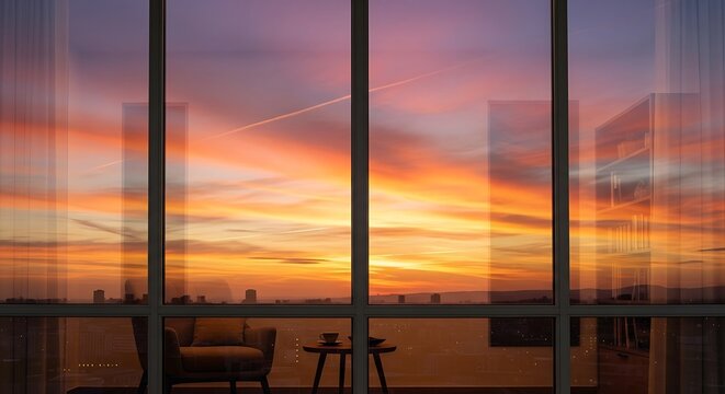 City apartment view reflecting dramatic sunset inside cozy setting