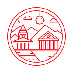 Obraz premium Red Line Art Icon of a Landscape with Buildings, Mountains, and Sun architecture