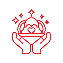 Red Line Art Icon of Hands Holding a Piggy Bank with a Heart and Stars on White Background