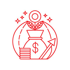Red Line Art Icon of Money Bag Growing with Coins and Upward Arrow on White Background Keywords: money, bag, growth, coins, dollar sign