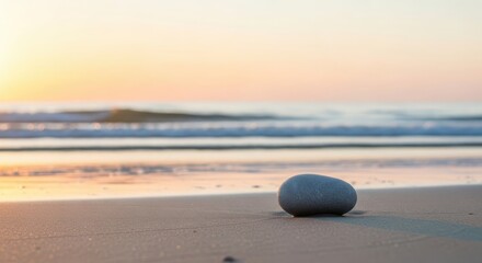 A single grey stone sits on a sandy beach at sunset with gentle waves rolling in the background, creating a serene and peaceful coastal scene