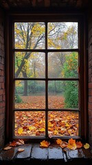 The view outside the window of falling leaves