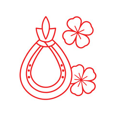 Red Outline of a Lucky Horseshoe and Two Flowers on White Background fortune good luck