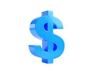 A shiny, three-dimensional blue dollar sign against a stark black background