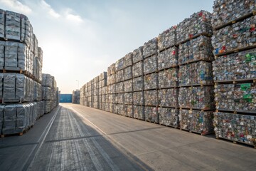 Rows of crushed aluminum cans stacked for recycling