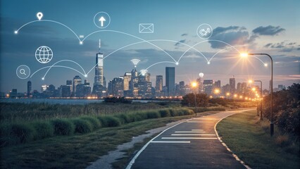 Digital Network Overlaying Modern City Skyline at Dusk