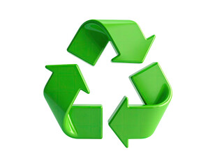 Obraz premium Three-arrowed green recycling symbol against a stark black background
