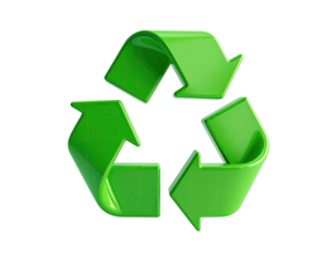 Three-arrowed green recycling symbol against a stark black background